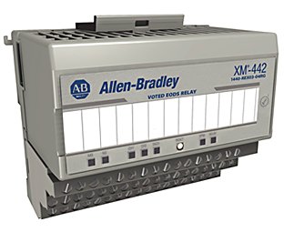 稍微朝向右側的灰色測量模塊，左上角帶有藍色 Allen-Bradley 徽標，稍微能看到模塊頂部